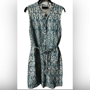 Cynthia ROWLEY turquoise Blue Khaki printed Linen Belted Shirt Dress Sz 12